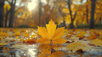 Yellow leaf rests on water puddle