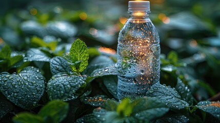Crystal-clear water bottle on a dewy morning surrounded by vibrant green mint leaves, solid color background, 4k, ultra hd - obrazy, fototapety, plakaty