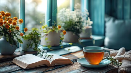 Fresh herbal tea beside a peaceful reading nook, combining relaxation with wellness, solid color background, 4k, ultra hd - obrazy, fototapety, plakaty