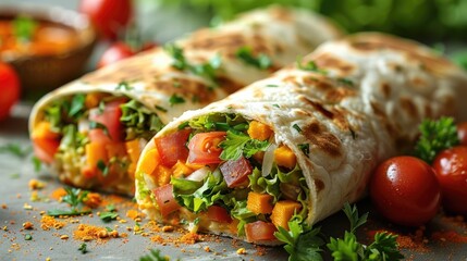 Fresh vegetable wraps as a healthy lunch option, showing quick and nutritious meal, solid color background, 4k, ultra hd