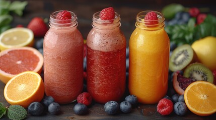 Freshly prepared cold-pressed juices, symbolizing cleansing and vitality, solid color background, 4k, ultra hd