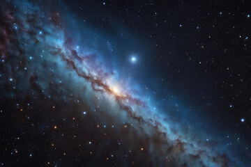 Fly Through Stars And Blue Nebulae In Space. Galaxy exploration through outer space towards the...
