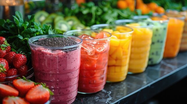 Fresh start breakfast buffet in a wellness resort, featuring detox smoothies and a range of cleansing, nutritious snacks, solid color background, 4k, ultra hd