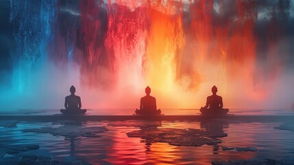 Group meditation session, illustrating collective peace and mental well-being, solid color background, 4k, ultra hd - obrazy, fototapety, plakaty
