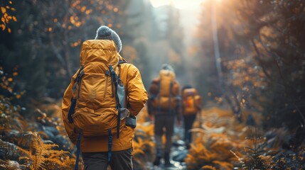 Fototapeta premium Group of friends hiking through a forest, enjoying nature's beauty, solid color background, 4k, ultra hd