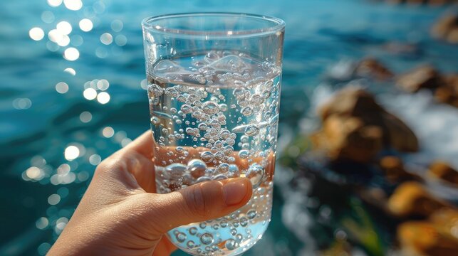 Hand holding a glass of sparkling mineral water, bubbles rising to the surface, with a backdrop of clear skies, solid color background, 4k, ultra hd