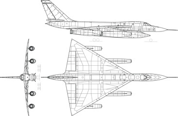 Fighter jet, plane, drawing, blueprint, outline eps vector illustration, line art, 3 view, cnc cut file, laser engraving, cricut, laser cut file