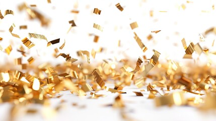 Golden confetti scattered on a white background