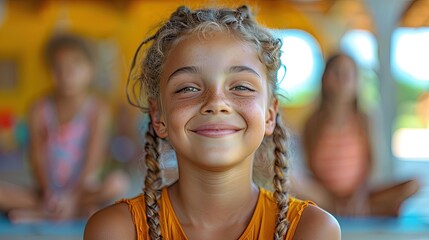 Kids in a school setting taking part in a laughter yoga session, combining fun, exercise, and mental well-being, solid color background, 4k, ultra hd