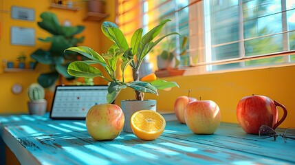 Invigorating workspace with bright natural light, a colorful calendar, inspirational phrases, and crisp apple slices, solid color background, 4k, ultra hd