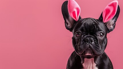 Black French Bulldog dog puppy with Easter ears on pink background