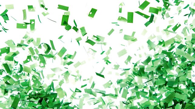 A burst of green confetti is scattered in the air