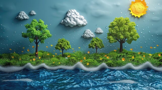 Illustration of the water cycle from rain to river to ocean, educating on the importance of water conservation, solid color background, 4k, ultra hd