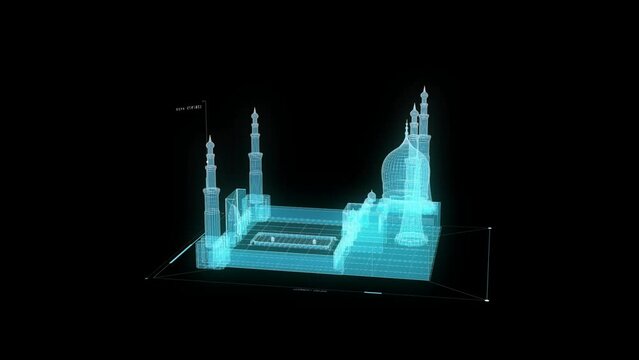 3d illustration of holographic Mosque. mosque in a serene night setting with stunning architecture and tranquil surroundings.