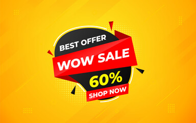 Wow sale banner template with special offer tag. Website header advertising, shop store offer tag. Market promotion banner and wow discount announcement background vector illustration.