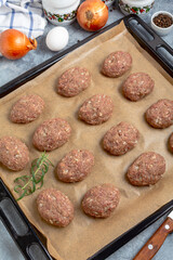 Cutlets made from raw minced meat before baking.