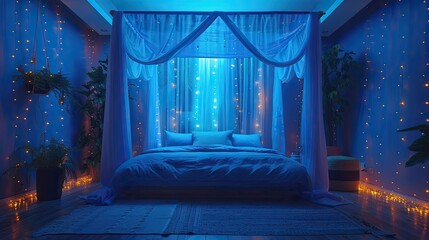 Nighttime retreat with a canopy bed and gentle fairy lights, creating a dreamlike atmosphere, solid color background, 4k, ultra hd