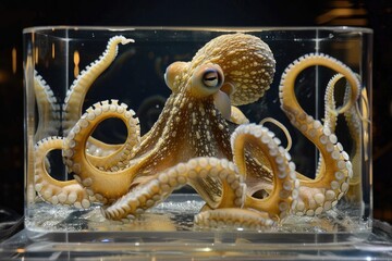 Fototapeta premium Detailed wet specimen of an octopus, tentacles gracefully arranged, in a crystal-clear preservation fluid