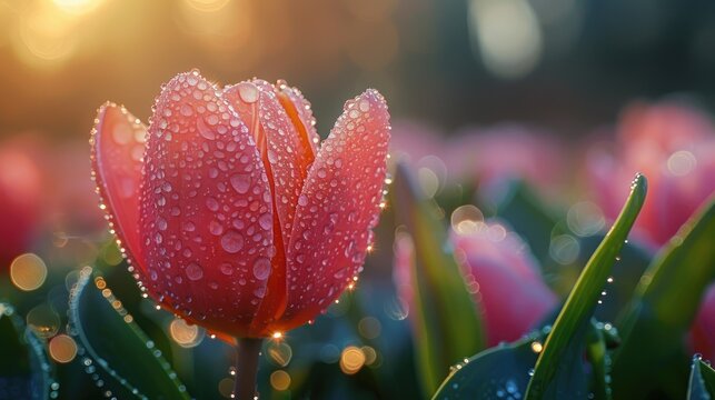 Morning dew on a blooming flower during a nature walk, representing new beginnings and health, solid color background, 4k, ultra hd