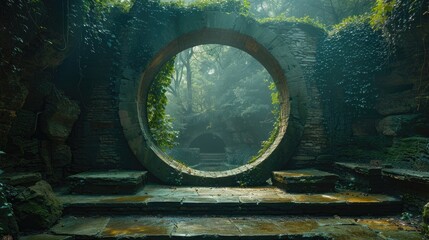 Peaceful meditation nook inside a circular stone ruin, offering a sense of enclosure and openness, solid color background, 4k, ultra hd - obrazy, fototapety, plakaty