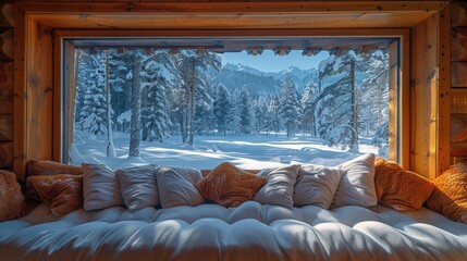 Peaceful nook in a winter chalet, with a view of snow-covered trees and silence, solid color background, 4k, ultra hd