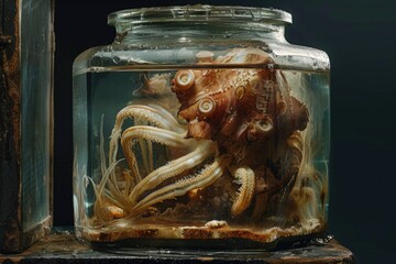 Hyper-realistic image of a wet specimen jar containing a rare deep-sea creature, preserved in detail