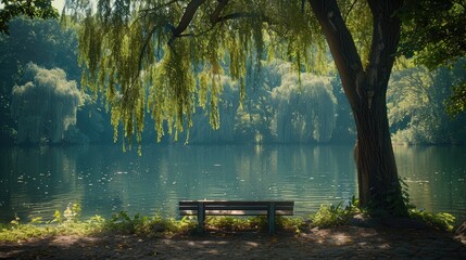 Peaceful spot under a weeping willow tree, perfect for solitude and reflective meditation, solid color background, 4k, ultra hd - obrazy, fototapety, plakaty