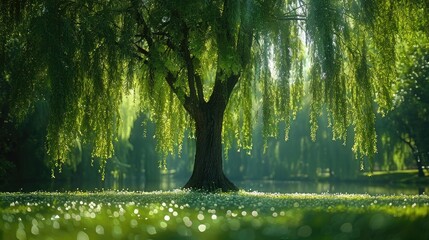 Peaceful spot under a weeping willow tree, perfect for solitude and reflective meditation, solid color background, 4k, ultra hd