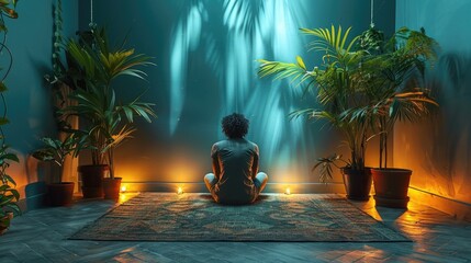 Quiet, minimalist nighttime nook with subdued colors and gentle, ambient lighting for serenity, solid color background, 4k, ultra hd - obrazy, fototapety, plakaty