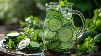 Refreshing cucumber slices floating in a pitcher of water, set on a garden table during a summer day, solid color background, 4k, ultra hd - obrazy, fototapety, plakaty