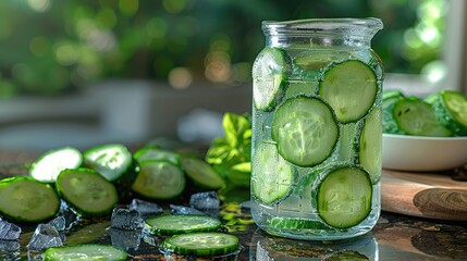 Refreshing cucumber slices floating in a pitcher of water, set on a garden table during a summer day, solid color background, 4k, ultra hd - obrazy, fototapety, plakaty