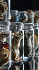 Realistic image of a wet specimen collection, featuring a series of small mammals in uniform jars