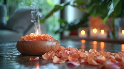 Relaxing spa room with a focus on aromatherapy, featuring essential oil diffusers and fragrant flower petals, solid color background, 4k, ultra hd - obrazy, fototapety, plakaty