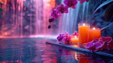 Restorative spa day room with a wall of cascading orchids, misty air, and a selection of detox juices, solid color background, 4k, ultra hd