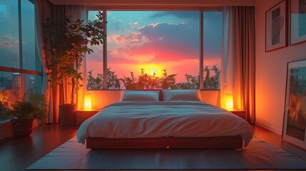 Restful, minimalist room with a comfortable bed, soft linens, and a serene, moonlit ambiance, solid color background, 4k, ultra hd - obrazy, fototapety, plakaty