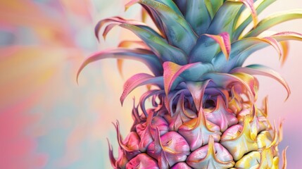 Realistic pineapple with multi-colored scales, transitioning from green to pink to yellow