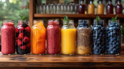 Rustic cabin getaway smoothie bar, with a wilderness twist on traditional recipes and rustic, hearty snacks, solid color background, 4k, ultra hd - obrazy, fototapety, plakaty