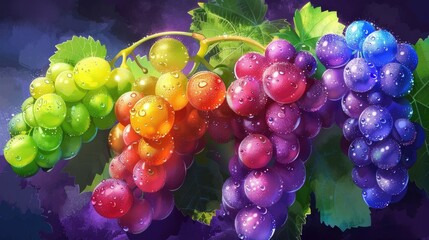 Detailed, colorful grape bunch, with each grape a different hue of the rainbow