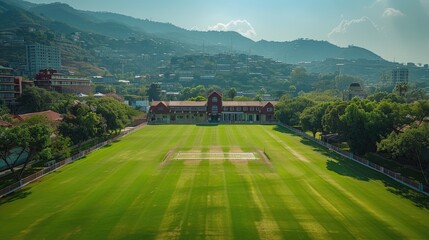 School field converted into a cricket pitch, with children learning the game and engaging in team sports, solid color background, 4k, ultra hd - obrazy, fototapety, plakaty