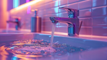 Sleek, contemporary water-saving faucet over a basin, emphasizing efficiency and conservation in hydration, solid color background, 4k, ultra hd - obrazy, fototapety, plakaty