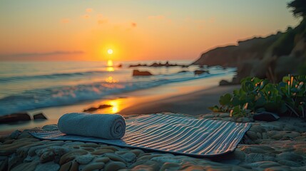 Solitary beach spot at sunrise, with a simple mat for meditation and self-awareness exercises, solid color background, 4k, ultra hd