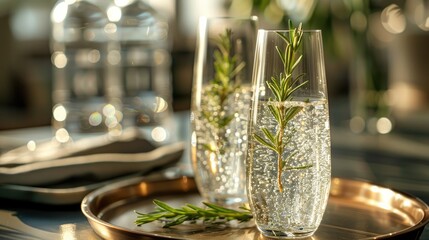 Sparkling water in a fluted glass, accompanied by a sprig of rosemary, set on an elegant tray, solid color background, 4k, ultra hd