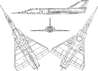 Fighter jet, plane, drawing, blueprint, outline eps vector illustration, line art, 3 view, cnc cut file, laser engraving, cricut, laser cut file