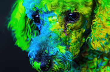 Fototapeta premium close up realistic minimalism style photo of a dog, poodle covered in acid green and electric blue paint, looking in trouble