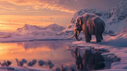 Foto op Aluminium Mammoth walking by lake in snow field in freezing winter at sunrise. © rabbit75_fot