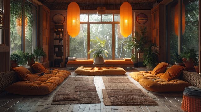 Tranquil meditation area in a yurt, surrounded by nature and decorated with simple, earthy elements, solid color background, 4k, ultra hd