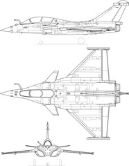 Fighter jet, plane, drawing, blueprint, outline eps vector illustration, line art, 3 view, cnc cut file, laser engraving, cricut, laser cut file
