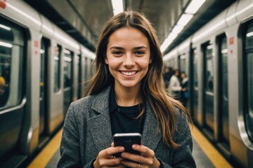 Portrait of smiling young woman with cell phone in underground train