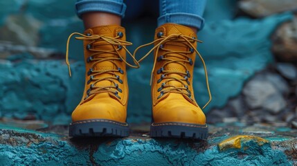Woman lacing up hiking boots, symbolizing adventure and readiness, solid color background, 4k, ultra hd