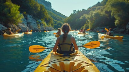 Young students practicing paddle sports like kayaking or canoeing in a safe, supervised school environment, solid color background, 4k, ultra hd